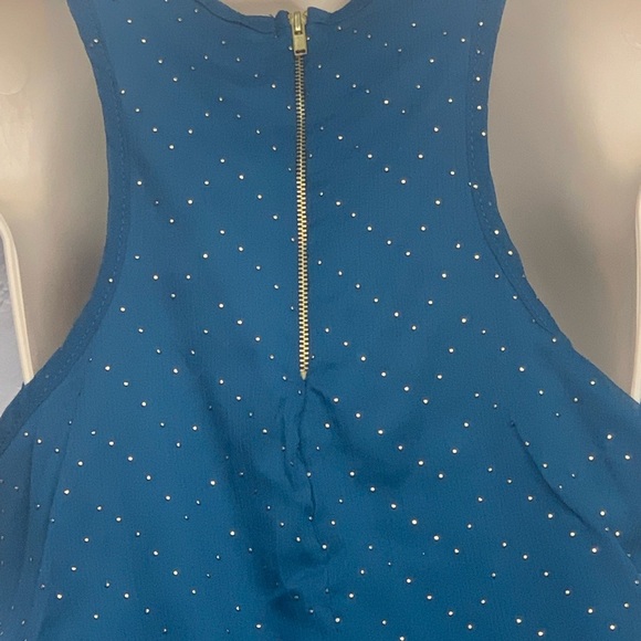 Ambiance Women's Dress Sheer Layer Cinch Waist Sleeveless Short Teal Gold - Picture 8 of 8